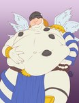 6_wings armor belly bottomwear clothing covered_eyes feathered_wings feathers headgear helmet loincloth low-angle_view male multi_wing navel obese obese_humanoid obese_male overhang overweight overweight_humanoid overweight_male smile solo white_body white_wings wings nenanauso bandai_namco digimon angel angemon digimon_(species) humanoid