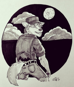 anthro bottomwear clothed clothing cloud dark full_moon hair hat headgear headwear looking_at_viewer looking_back male moon night open_mouth pawpads shirt shorts sky snout solo standing teeth tongue topwear torn_clothing wannabe_pendragon mythology canid canine mammal mythological_canine mythological_creature werecanid werecanine werecreature werewolf 2020 black_and_white hi_res monochrome shaded signature traditional_media_(artwork)