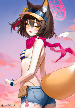 animal_ears bag bare_shoulders bikini blush bottomwear bracelet breasts brown_hair clothing cute_fangs denim denim_bottomwear denim_clothing denim_shorts fangs female flower fluffy_ears hair hair_between_eyes halo jewelry looking_at_viewer looking_back looking_back_at_viewer open_mouth pattern_bikini pattern_clothing pattern_swimwear plant raised_tail scarf short_hair shorts sky small_breasts string_bikini striped_bikini striped_clothing striped_swimwear stripes sunflower swimwear tail teeth two-piece_swimsuit yellow_eyes shouta0722 blue_archive nexon izuna_(blue_archive) animal_humanoid canid canid_humanoid canine canine_humanoid fox_humanoid humanoid mammal mammal_humanoid hi_res
