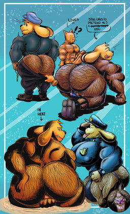 5_fingers all_fours anal anal_fingering anal_hair anal_masturbation anthro anus arm_hair back_muscles big_butt black_bottomwear black_clothing black_footwear black_nose black_pants black_shoes black_stripes blood blue_background blue_clothing blue_hat blue_headwear blue_shirt blue_thong blue_topwear blue_underwear bodily_fluids body_hair bottomwear bottomwear_down bulge butt butt_hair buttplug circumcised clock clothed clothing directional_arrow disembodied_hand duo erection excessive_body_hair exclamation_point eyes_closed fingering fingering_self fingers fist footwear for_a_head fur genitals hairy hat head_tuft headgear headwear huge_butt humanoid_genitalia humanoid_penis hyper larger_sub leg_hair male masturbation moon multiple_poses muscular muscular_arms muscular_male nosebleed orange_body orange_fur pants pants_down partially_clothed penis plug_(sex_toy) police police_badge police_hat police_officer police_uniform pose profanity question_mark rear_view sex_toy sharp_teeth shirt shoes side_view simple_background size_difference smile standing striped_body striped_fur stripes submissive tan_body tan_fur teeth text thong tongue tongue_out topwear tuft underwear uniform vein veiny_penis watch whisker_spots whiskers wristwatch furryonline1 dog_man_(series) dog_man_(character) petey_the_cat animal_head animal_humanoid canid canine canis domestic_cat domestic_dog felid feline felis humanoid mammal 2025 english_description english_text hi_res