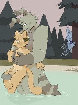 3_toes 4_fingers adult_on_child adult_on_young age_difference anthro anthro_on_anthro biped blue_body blue_fur blush brown_body brown_fur clothing detailed_background duo erection facial_tuft feet fingers frottage fur genitals half-closed_eyes hand_on_hand headgear headwear hug hugging_another hugging_from_behind humanoid_genitalia humanoid_penis jewelry looking_at_another male male/male male_anthro narrowed_eyes necklace nude_anthro nude_male older_male outside_sex partially_submerged penile penis penises_touching plant pointy_ears prick_ears public public_sex sex tail toes tree tuft voyeur yellow_body yellow_fur young young_anthro younger_male jasonvvoid canid canine canis domestic_cat domestic_dog felid feline felis mammal 2025 absurd_res hi_res signature