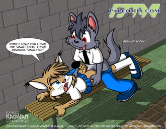 anal anal_penetration anthro anthro_on_anthro bench black_hair blue_eyes bottomwear bottomwear_down clothed clothed_sex clothing duo ear_tuft fangs female female_penetrated from_behind_position fur genitals hair high-angle_view humor jockey_position lying male male/female male_penetrating male_penetrating_female misunderstanding narrow_hips on_bench on_front pants pants_down partially_clothed penetration penile penis prone_bone_position pun red_eyes school_uniform sex short_hair tail teeth text thin_calves thin_legs thin_thighs toony tuft uniform krezz_karavan gram_(kilopy) canid canine canis felid feline lynx mammal wolf 2007 digital_media_(artwork) english_text