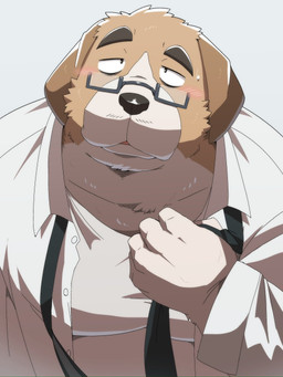 accessory anthro biped black_nose blush brown_body brown_fur clothing eyewear fur glasses kemono male necktie overweight overweight_male shirt simple_background solo topwear emufu canid canine canis domestic_dog mammal 2026 hi_res