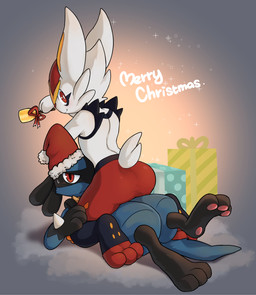 3_toes ambiguous_gender anthro barefoot blue_body blue_fur bodily_fluids butt christmas_clothing christmas_headwear clothing duo feet fur gift hat headgear headwear hindpaw holidays looking_at_viewer looking_back pawpads paws pink_pawpads red_eyes santa_hat scut_tail short_tail simple_background soles sweat sweatdrop tail text toes white_body white_fur huka christmas nintendo pokemon cinderace generation_4_pokemon generation_8_pokemon lagomorph lucario mammal pokemon_(species) 2020 absurd_res english_text hi_res