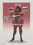 annoyed anthro areola big_breasts biped breasts camel_toe clothing fake_antlers fake_horns female hair huge_breasts legwear ribbons serving_beverage serving_tray teeth text thick_thighs thigh_highs casloafy canid canine mammal 2024 artist_name dated english_text hi_res