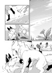 akafude_(tsukune_minaga) all_fours blush canid canine canis comic domestic_dog duo eye_contact fangs female_(lore) feral flower fox fur greyscale hi_res looking_at_another looking_down lying mammal monochrome on_back on_top outside paws pinned plant shiranui_(tsukune_minaga) simple_background smile teeth tsukune_minaga