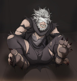 4_toes bandage bandage_on_face barefoot beard clothing facial_hair feet foot_focus hair lying male on_back pawpads plantigrade sharp_teeth soles solo teeth toes torn_clothing transformation white_hair mafer bloodborne fromsoftware sony_corporation sony_interactive_entertainment father_gascoigne_(bloodborne) animal_humanoid beast_(bloodborne) canid canid_humanoid canine canine_humanoid humanoid mammal mammal_humanoid monster wolf_humanoid hi_res
