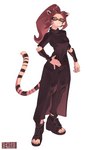 4_toes anthro black_clothing blue_eyes claws clothing eyewear feet female footwear glasses hair hand_on_hip ponytail shoes simple_background solo toe_claws toeless_footwear toeless_shoes toes white_background kemari mae_(shadd21) felid mammal pantherine tiger absurd_res hi_res