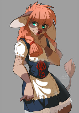 anthro bangs blue_clothing blue_dress blue_eyes braided_hair brown_body brown_fur brown_markings brown_nose clothing dress female freckled_face freckled_shoulders freckles fur hair long_hair looking_away markings orange_hair pink_tongue simple_background solo tail tail_tuft tongue tongue_out tuft azzai bovid bovine cattle mammal cel_shading colored digital_drawing_(artwork) digital_media_(artwork) shaded