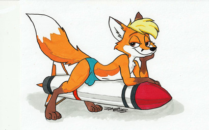 anthro biped blonde_hair brown_eyes clothing fur hair male missile orange_body orange_fur rocket simple_background sitting_on_rocket solo underwear white_background white_body white_fur zaeryn 16:10 2025 dated full-length_portrait hi_res portrait signature traditional_media_(artwork) widescreen