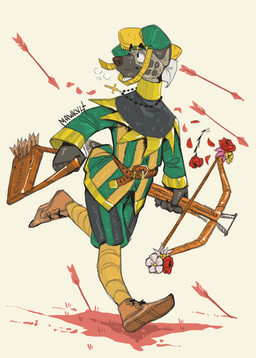 anthro arrow_(weapon) cross crossbow holding_crossbow holding_object holding_ranged_weapon holding_sack holding_weapon looking_back male medieval medieval_clothing ranged_weapon running simple_background solo weapon mawkvlt kolya_yeen_(mawkvlt) gulonine hyena mammal mustelid musteline spotted_hyena wolverine hi_res