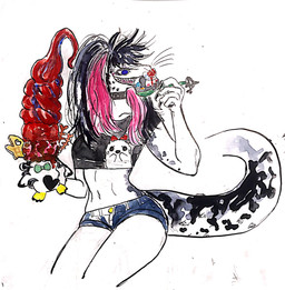alternative_fashion anthro black_hair blood bodily_fluids bottomwear clothed clothing collar crop_top denim denim_clothing eating female gore guts hair hotpants intestines open_mouth organs pink_hair shirt shorts simple_background smile solo tail teeth tongue topwear white_background white_body kyokyota aquatic leopard_seal mammal pinniped seal 2017 hi_res traditional_media_(artwork)