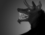 ambiguous_gender bodily_fluids drooling facial_hair fangs fur glistening goatee horn long_horn open_mouth saliva sharp_teeth side_view simple_background snout solo teeth tongue theowlette nameless_character canid canine demon mammal 2010 digital_media_(artwork) digital_painting_(artwork) greyscale headshot_portrait monochrome portrait shaded soft_shading