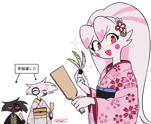 asian_clothing clothed clothing east_asian_clothing female group japanese_clothing kimono male simple_background text trio white_background yukata enaic31 hazbin_hotel hellaverse angel_dust arackniss_(hazbin_hotel) molly_(hazbin_hotel) angel arachnid arthropod demon humanoid spider hi_res japanese_text translated brother_(lore) brother_and_sister_(lore) brothers_(lore) sibling_(lore) sister_(lore)