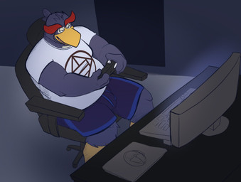 anthro bottomwear clothing computer controller electronics game_controller gaming humanoid_hands inside male overweight overweight_male playing_video_game shirt shorts sitting solo topwear dippubear avian 2021 hi_res