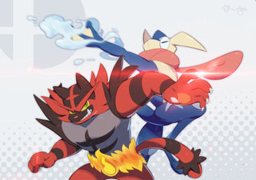 ambiguous_gender anthro blue_body claws duo fur grin long_tongue red_body red_fur smile tongue water neje nintendo pokemon generation_6_pokemon generation_7_pokemon greninja incineroar pokemon_(species) 2018 hi_res