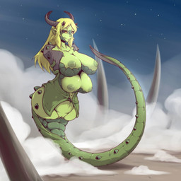 4_breasts 4_missing_limbs amputee big_breasts black_sclera blonde_hair breasts detailed_background disability double_amputee female genitals green_body green_skin hair horn huge_breasts humanoid_pointy_ears long_hair membrane_(anatomy) membranous_wings missing_arm multi_breast nipples nude pointy_ears quadruple_amputee smile solo tail vulva wings yellow_eyes gamera_(artist) mythology dragon humanoid mythological_creature mythological_scalie scalie 1:1 2014