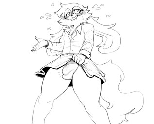anthro balls_outline bar_emanata bite biting_lip biting_own_lip blush blush_lines bodily_fluids bottomwear bulge cheek_tuft chest_tuft claws clothed clothing clothing_lift collared_shirt crossdressing detailed_bulge dress_shirt ear_tuft emanata eyewear facial_tuft femboy finger_claws floppy_ears genital_outline glasses heart_symbol long_ears lop_ears male panties penis_outline self_bite shirt skirt skirt_lift solo standing sweat sweatdrop sweatdrop_(iconography) tail tail_tuft topwear tuft underwear poogyl lagomorph leporid mammal rabbit 2023 black_and_white hi_res monochrome portrait three-quarter_portrait