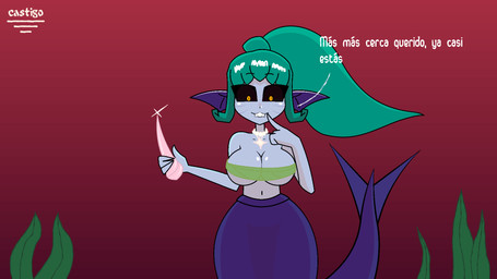 bandeau bare_shoulders big_breasts bite biting_lip black_sclera breasts clothing creepy dialogue ear_fins female fin green_hair grey_body grey_skin hair holding_object holding_weapon jewelry melee_weapon navel necklace orange_eyes plant_clothing ponytail pupils purple_fins purple_tail red_background seaweed shaking_breasts shaking_hips simple_background slit_pupils solo split_form strapless_clothing strapless_topwear tail talking_to_viewer text topwear underwater water weapon wide_hips castigo aquatic humanoid_merfolk merfolk siren 16:9 2026 2d_animation animated artist_name hi_res spanish_text widescreen