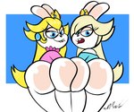 anthro black_outline blonde_hair blue_clothing blue_eyes butt clothing crown duo female hair headgear looking_back open_mouth outline pink_clothing rear_view mrmasskie mario_bros mario_plus_rabbids_kingdom_battle mario_plus_rabbids_sparks_of_hope nintendo raving_rabbids rayman_(series) ubisoft rabbid_peach rabbid_rosalina lagomorph mammal rabbid absurd_res crossover digital_media_(artwork) hi_res portrait three-quarter_portrait