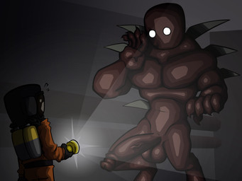 balls biceps big_balls big_penis bulge claws clothing dark digitigrade duo erection flashlight foreskin genitals glowing glowing_eyes headgear humanoid_genitalia humanoid_penis male mask muscular not_furry nude nude_male orange_clothing pecs penis red_body red_skin retracted_foreskin shielding_eyes size_difference sneaking white_eyes t6ktal lethal_company decoy_suit_(lethal_company) bracken_(lethal_company) human humanoid mammal 4:3 hi_res
