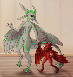3_fingers 3_toes 4_ears 5_fingers anthro beige_wall brown_carpet carpet carpet_floor carpeted_floor claws duo eye_contact eyewear feather_tuft feathered_wings feathers feet finger_pawpads fingers fur glasses green_body green_eyes green_feathers green_scutes grey_arms grey_body grey_claws grey_ears grey_feathers grey_legs grey_pawpads grey_sclera grey_tail grey_tuft grey_wings hand_holding inside larger_anthro larger_male larger_nude looking_at_another male male_anthro membrane_(anatomy) membranous_wings mouth_closed multi_ear neck_tuft nude nude_anthro nude_male open_mouth orange_sclera pawpads purple_mouth purple_tongue red_arms red_body red_claws red_ears red_fur red_legs red_tuft red_wings round_glasses scuted_feet scutes size_difference smaller_anthro smaller_male smaller_nude tail tail_tuft toe_pads toes tongue tuft walking winged_arms wings wasteroforange aaron_(avali) lazarus_overlook avali avian bat mammal 2026 absurd_res hi_res male_(lore)
