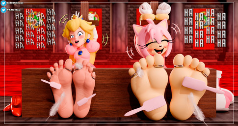 5_toes anthro barefoot bdsm blonde_hair bondage bound clothed clothing duo feet female foot_fetish foot_focus hair laugh open_mouth pink_body restraints soles stocks tickle_torture tickling tickling_feet toes panettou mario_bros nintendo sega sonic_the_hedgehog_(series) amy_rose princess_peach eulipotyphlan hedgehog human mammal 256:135 3d_(artwork) absurd_res crossover digital_media_(artwork) hi_res huge_filesize