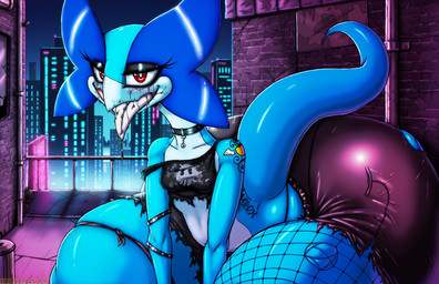 alley alternative_fashion anthro arm_tattoo big_butt blue_body blue_scales bottomwear breasts building butt choker clothing female fishnet_clothing fishnet_legwear goth huge_butt huge_thighs jewelry legwear liquid multicolored_body multicolored_scales necklace non-mammal_breasts piercing red_eyes scales solo tattoo text thick_thighs tongue tongue_out tongue_piercing topwear torn_bottomwear torn_clothing torn_topwear trash_can two_tone_body two_tone_scales viroveteruscy warning_cream_filled blueberry_jam_(viroveteruscy) reptile scalie 2026 absurd_res artist_name digital_media_(artwork) hi_res