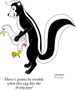 animal_genitalia beak black_body black_fur claws dialogue duo female feral fur genitals humor interspecies italic_text male male/female open_mouth penis questionable_consent semi-anthro sheath size_difference smile text tongue white_body white_fur yellow_beak urbanhermit avian bird chicken galliform mammal mephitid phasianid skunk 1971 20th_century ancient_art colored dated english_text