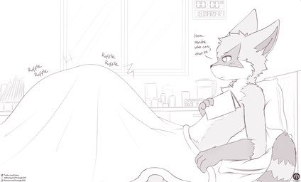 ambiguous_gender anthro bed bedding blanket book clock duo furniture lying pillow text under_blanket window senz ancesra_(ancesra) mammal procyonid raccoon absurd_res hi_res url