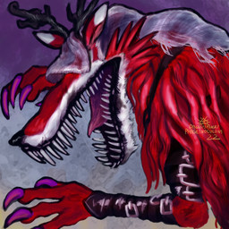 belt buckle claws fangs feral fur leather leather_strap mask red_body red_fur sharp_teeth solo straps teeth phageinoculum bandai_namco bloodborne digimon fromsoftware sony_corporation sony_interactive_entertainment vicar_amelia canid canine canis digimon_(species) fangmon mammal monster wolf 1:1 crossover hi_res