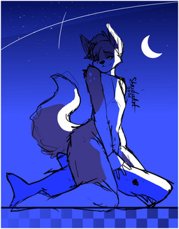 5_fingers action_pose anthro blue_background border checkered dotted_background dynamic_lighting ears_up femboy fingers fur hair light male moon moonlight orange_body orange_fur pattern_background pose riding simple_background simple_coloring sitting skinny smile smirk solo space star tail tail_motion tailwag thick_thighs white_border shardie ikea blahaj canid canine fox mammal hi_res shaded simple_shading