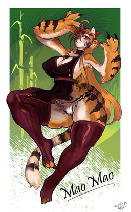 anthro athletic bamboo big_breasts black_body black_claws black_fur blush blush_lines breasts claws clothing countershading curvy_figure eyebrows eyelashes eyeliner female forest fur green_background green_eyes hair long_hair long_tail makeup neck_tuft nervous orange_body orange_fur outside pink_nose plant pose red_clothing shy simple_background solo striped_body striped_fur stripes tail text thick_thighs tree tuft underwear white_body white_countershading white_fur wide_hips remill_black mao_mao_(remill_black) felid mammal pantherine tiger absurd_res artist_name colored hi_res shaded