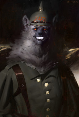 anthro black_sclera brass button_(fastener) central_powers clothing creepy german germany happy leather looking_at_viewer male military military_hat military_helmet military_uniform orange_eyes pointy_ears prick_ears scary smile smiling_at_viewer solo uniform sonazith ahtos_peltenein_(lights_in_the_darkness) hyena mammal hi_res painting_(artwork)