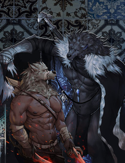 anthro black_body black_fur bottomwear cape clothing duo fur loincloth male male/male melee_weapon scar sword text weapon eruprior elden_ring fromsoftware blaidd_(elden_ring) tarnished_(elden_ring) canid canine canis mammal wolf absurd_res english_text hi_res