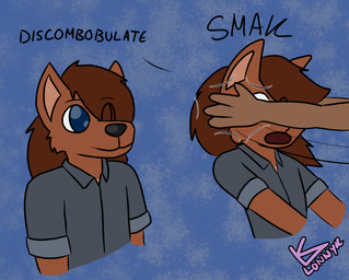 ambiguous_gender anthro attack clothed clothing disembodied_hand duo smack smack_(sound_effect) solo_focus lonnyk sherlock_holmes_(2009) lani_(lonnyk) canid canine canis domestic_dog mammal comic meme