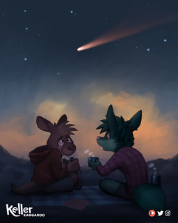 binoculars bodily_fluids clothing cloud container crying cup detailed_background duo fur green_body green_fur hoodie male male/male multicolored_body multicolored_fur night pattern_clothing pattern_shirt pattern_topwear plaid plaid_clothing plaid_shirt plaid_topwear shirt star tears topwear kellerkangaroo keller_kangaroo kangaroo macropod mammal marsupial 4:5