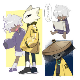 anthro bottomwear clothing duo footwear hair hair_over_eyes headgear headwear holding_object holding_scroll male open_mouth pants reading serious shorts teeth text young young_human young_male 2_3up nine_sols red_candle_games shuanshuan_(nine_sols) yi_(nine_sols) domestic_cat felid feline felis human mammal solarian 1:1 2026 absurd_res hi_res japanese_description japanese_text translated