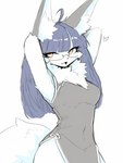 anthro asian_clothing big_tail chinese_clothing chinese_dress clothing dress east_asian_clothing eyewear female fur glasses grey_clothing grey_ears hands_behind_back open_mouth simple_background solo tail upper_body white_body white_fur yellow_eyes eneki_sei canid canine canis humanoid mammal wolf 3:4 half-length_portrait portrait
