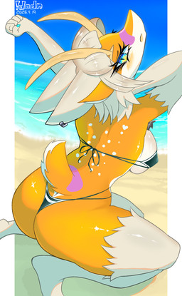 4_ears 5_fingers antennae_(anatomy) anthro armpit_hair back_markings bangs beach bikini black_bikini black_clothing black_swimwear blue_eyes blue_nails blunt_bangs blush body_hair breasts butt clothed clothing colored_nails eyebrows eyelashes eyeshadow female fingers fur fur_tuft hair kemono makeup markings multi_ear multicolored_body multicolored_eyes nails open_mouth orange_body orange_ears orange_tail piercing presenting presenting_hindquarters purple_markings raised_arm rear_view short_hair short_tail side_boob sitting skimpy skimpy_bikini solo spots spotted_markings swimwear tail tan_body tan_ears tan_fur tan_hair thick_thighs thong tuft two-piece_swimsuit underwear white_markings yellow_antennae yellow_eyes !dodn helvola_(!dodn) aquatic aquatic_gastropod gastropod mollusk sea_snail snail hi_res