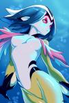 anthro blue_hair breasts bubble female hair humanoid_pointy_ears monster_girl_(genre) multicolored_body multicolored_skin nipples nude pointy_ears red_eyes small_breasts solo two_tone_body two_tone_skin underwater water white_body white_skin yellow_body yellow_skin requiemdusk blue_submarine_no._6 mutio marine hi_res