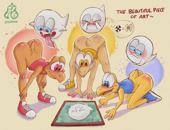ass_up blush bottomless clothed clothing covering covering_crotch footwear group looking_at_butt male photo pose shoes smile sneakers text tongue tongue_out trio zyasixpear mario_bros nintendo kooblu_(zyasixpear) redkoo_(zyasixpear) yellku_(zyasixpear) boo_(mario) ghost koopa koopa_troopa reptile scalie spirit tortoise turtle english_text hi_res pinup