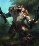 anthro arms_bent battle blood bodily_fluids bottomwear clothing corpse death fangs loincloth male melee_weapon muscular muscular_anthro muscular_male outside roaring solo step_pose stripes sword teeth victory victory_pose weapon maniaks canid canine felid mammal pantherine tiger