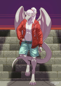 anthro bottomwear cardigan clothed clothed_anthro clothed_male clothing digitigrade hair hand_on_hip leaning_on_wall male outside ponytail ponytail_over_shoulder shorts solo standing waiting wings maxner12 european_mythology mythology dragon mythological_creature mythological_scalie scalie western_dragon absurd_res hi_res