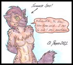 anthro black_border border breasts featureless_breasts female fur markings nude simple_background solo spots spotted_body spotted_fur text cougar_leon autumn_williams humanoid hyena mammal spotted_hyena werecreature werehyena traditional_media_(artwork)