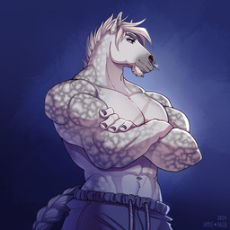 abs anthro black_sclera blue_bottomwear blue_clothing blue_eyes blue_pants bottomwear braided_tail clothed clothing crossed_arms facial_piercing fur glistening glistening_eyes grey_body grey_fur hair looking_at_viewer male male_anthro mouth_closed muscular muscular_anthro muscular_male navel nose_piercing nose_ring pants pecs piercing ring_piercing septum_piercing septum_ring short_hair simple_background solo standing tail text topless white_body white_fur white_hair apple-faced diesel_(jrbn1) equid equine horse mammal 1:1 2024 artist_name dated hi_res portrait three-quarter_portrait