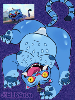anthro belly big_butt blue_body blue_fur butt dark_nipples fur looking_at_viewer lying_on_ground male on_ground overweight pawpads small_bulge solo text yellow_eyes kanonboar kpop_demon_hunters derpy_(kpop_demon_hunters) demon felid mammal pantherine tiger english_text hi_res