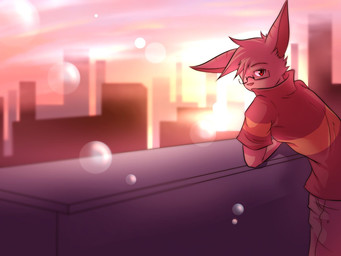 adolescent anthro big_ears bottomwear brown_body brown_fur building clothed clothing collared_shirt eyewear fully_clothed fur glasses hair leaning_on_wall lens_flare looking_at_viewer low_wall male pants polo_shirt red_eyes shirt short skyscraper solo sunset topwear young shirokoi repeat_(visual_novel) phillip_(repeat) canid canine mammal 2016 4:3 digital_media_(artwork) portrait three-quarter_portrait warm_colors