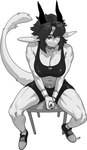 2024 abs anthro athletic_wear bottomwear bra breasts chabett chair clothing collar collarbone dragon eyebrows female footwear fur furniture furred_dragon furred_scalie glistening gym_bottomwear gym_shorts hair hi_res horn midriff monochrome mythological_creature mythological_scalie mythology navel pgm300 scalie shoes short_hair shorts sitting solo sports_bra underwear wingless_dragon