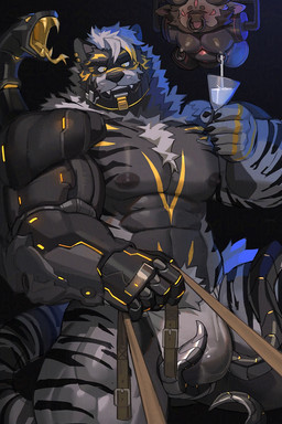 4_missing_limbs abs amputation anthro barazoku beard beverage big_muscles big_pecs blush bodily_fluids bulge chest_markings chest_tuft clothing cocktail_glass container cup cybernetics detailed_bulge drinking_glass duo ear_piercing eyes_closed facial_hair facial_markings facial_piercing fangs forehead_markings forked_tongue glass glass_container glass_cup hair head_markings holding_beverage holding_leash holding_object horn kneeling lactating latex latex_clothing latex_skinsuit leash looking_at_viewer machine male male/male male_lactation markings mechanical_arm mechanical_tentacles mostly_nude muscular muscular_arms muscular_legs muscular_male nipple_outline nipple_piercing nipple_ring nipples nose_piercing nose_ring open_mouth pecs piercing prosthetic prosthetic_arm prosthetic_limb pubes ring_piercing septum_piercing septum_ring skinsuit smile stripes suspension tail teeth tentacles_on_bulge tight_clothing tongue tongue_out tuft yellow_eyes uriex clive_the_bull_(uriex) dragonsmint_(tiger) bison bovid bovine cyborg felid mammal pantherine reptile scalie snake tiger 2:3 hi_res